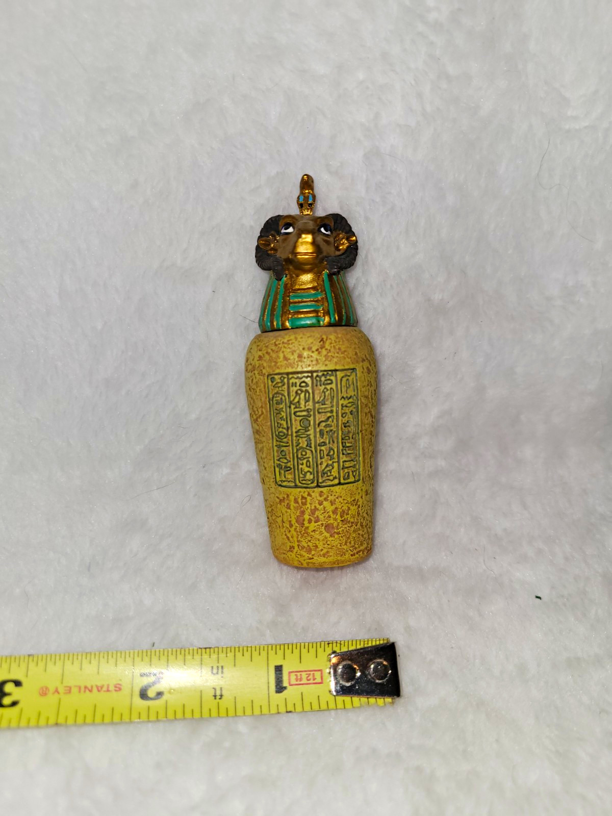 Egyptian Canopic Jar Figurine, Animal Head, Hieroglyph Design, Green/Gold 4 in