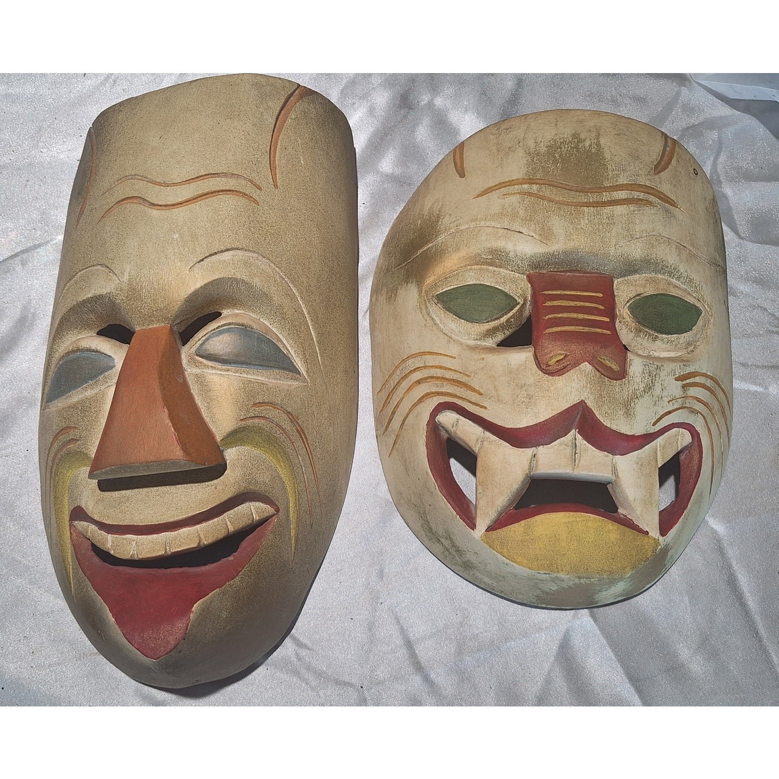 Vintage Mexican Folk Art Carved Wood Wall Masks Pair Hand Painted Mid Century