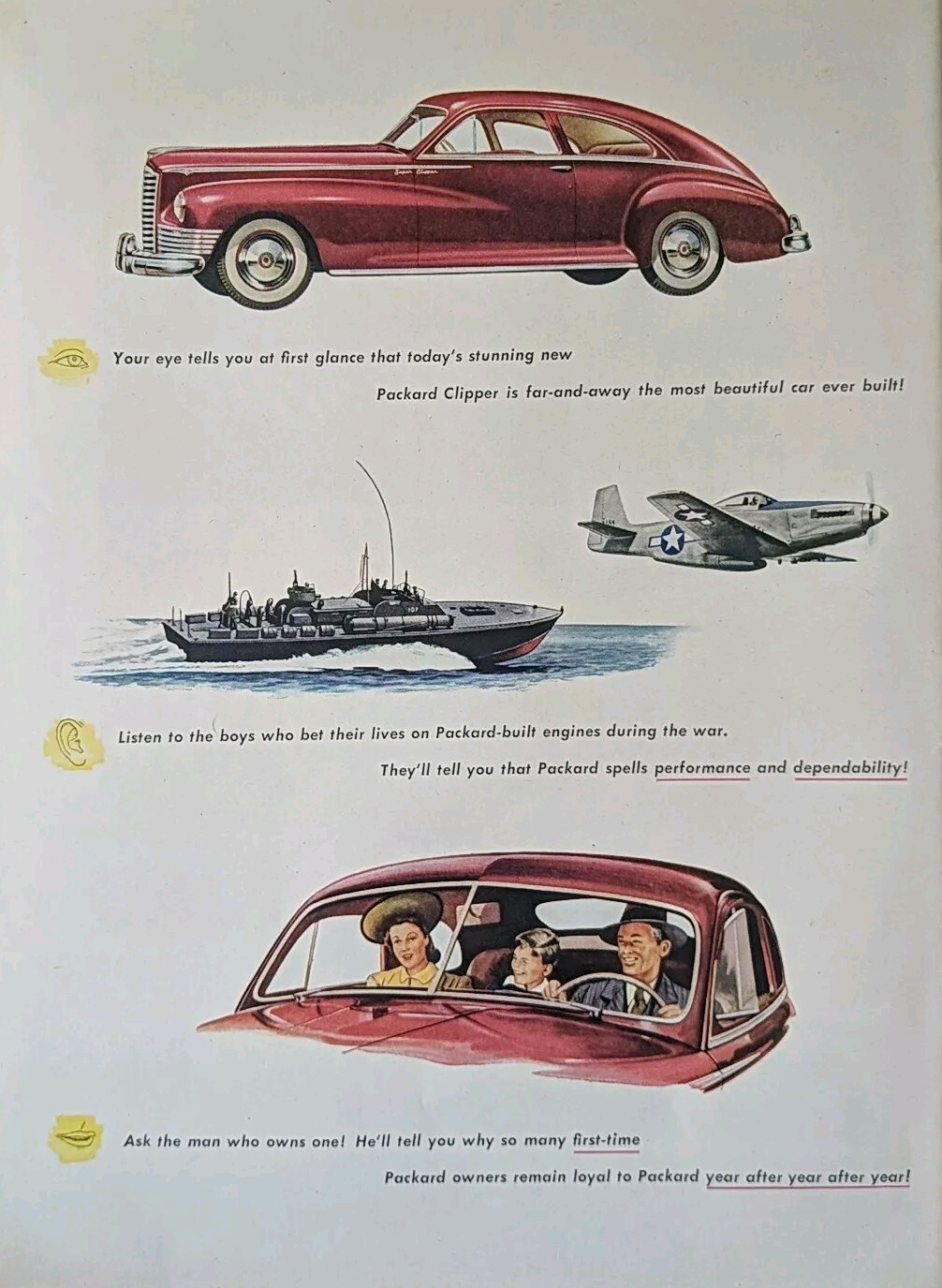1946 Vintage Packard automobile print ad.  Beautiful Colors, unique art