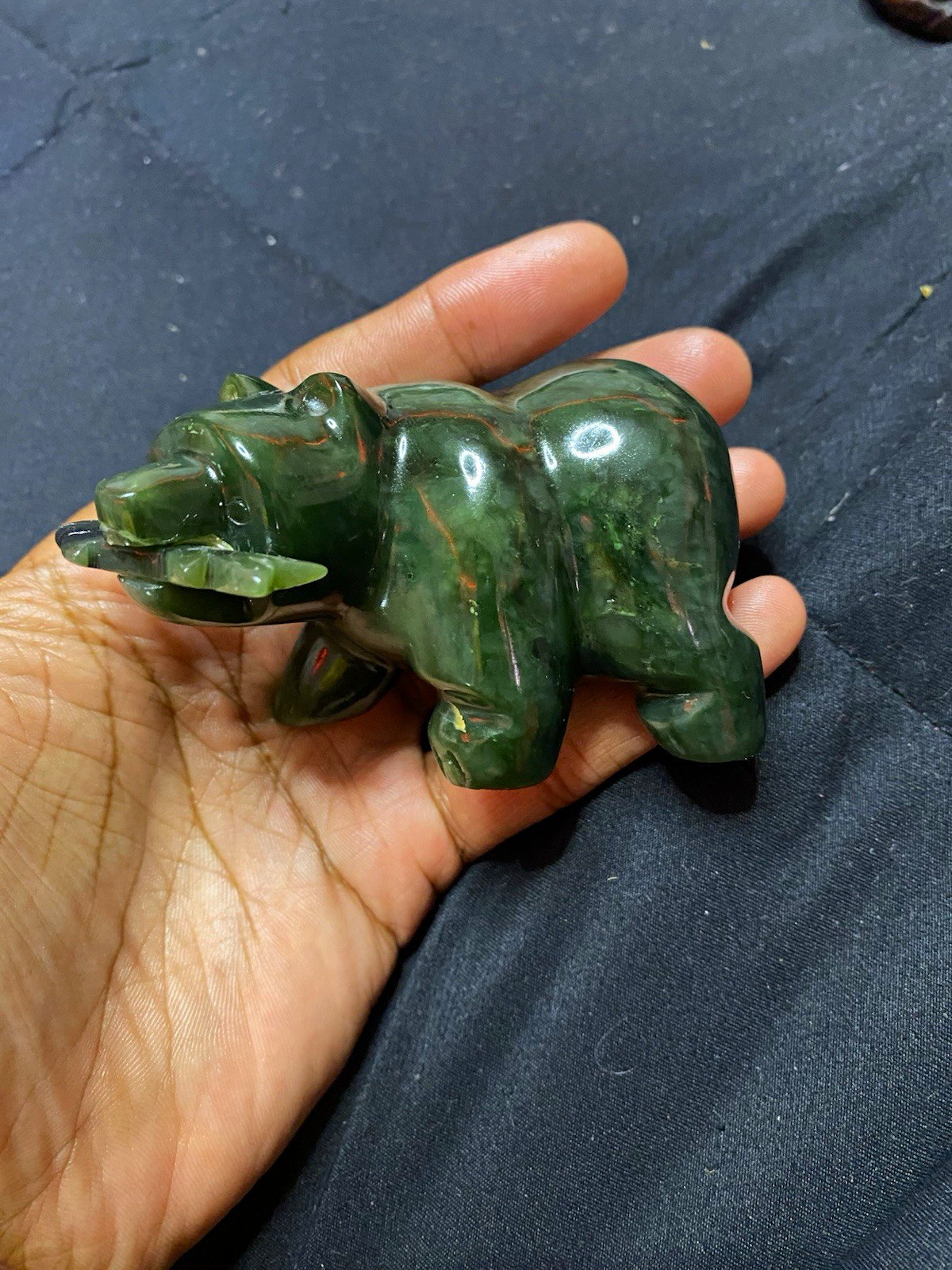 Hand-Carved Canadian Nephrite Jade Bear Figurine, Green with Red Inclusions