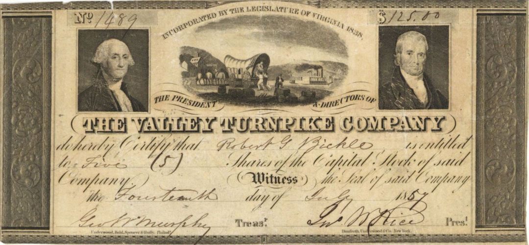 Valley Turnpike Co. - Stock Certificate - Early Turnpike Stocks