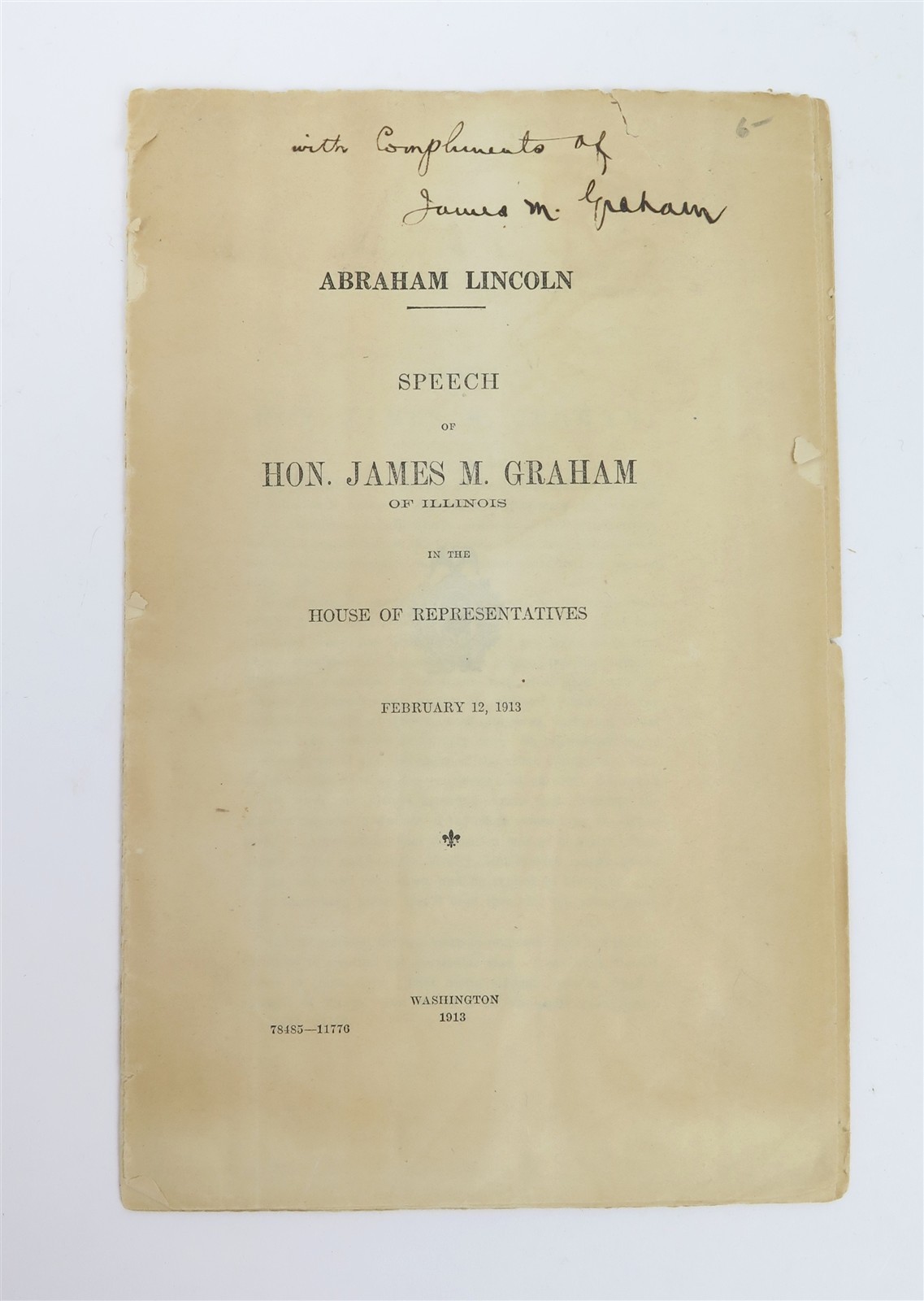 Antique 1913 Lincoln Speech Pamphlet Signed James M. Graham Illinois Congress