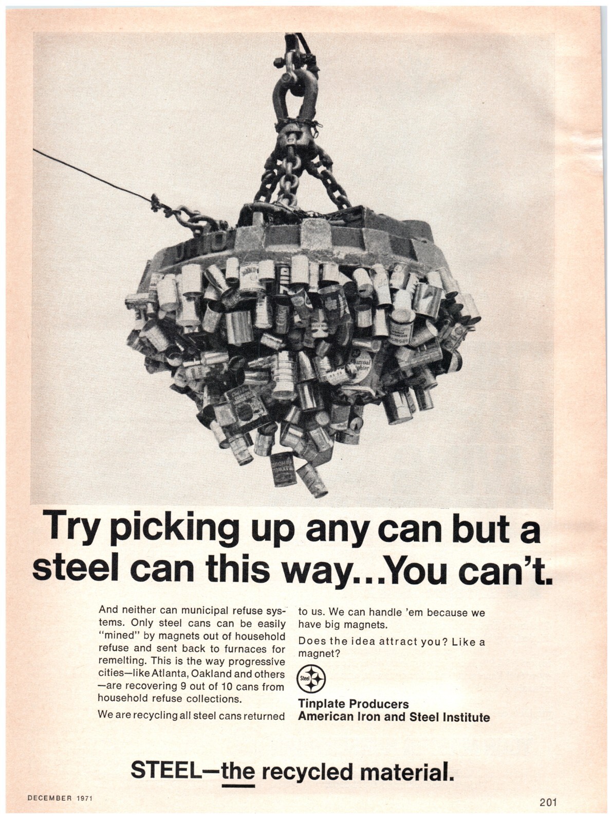 1971 Tinplate Producers Print Ad, Steel Cans Industrial Magnet Pile Recycled