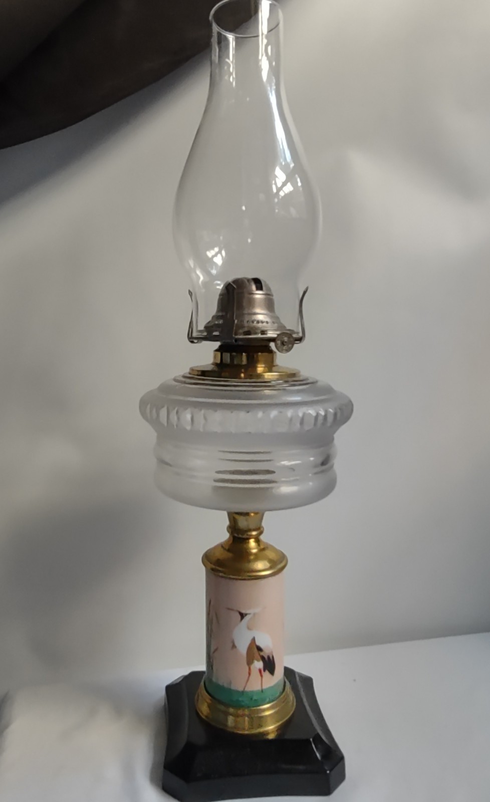  Antique Composite Kerosene Oil Lamp c.1900, Heron, Cast Iron Base