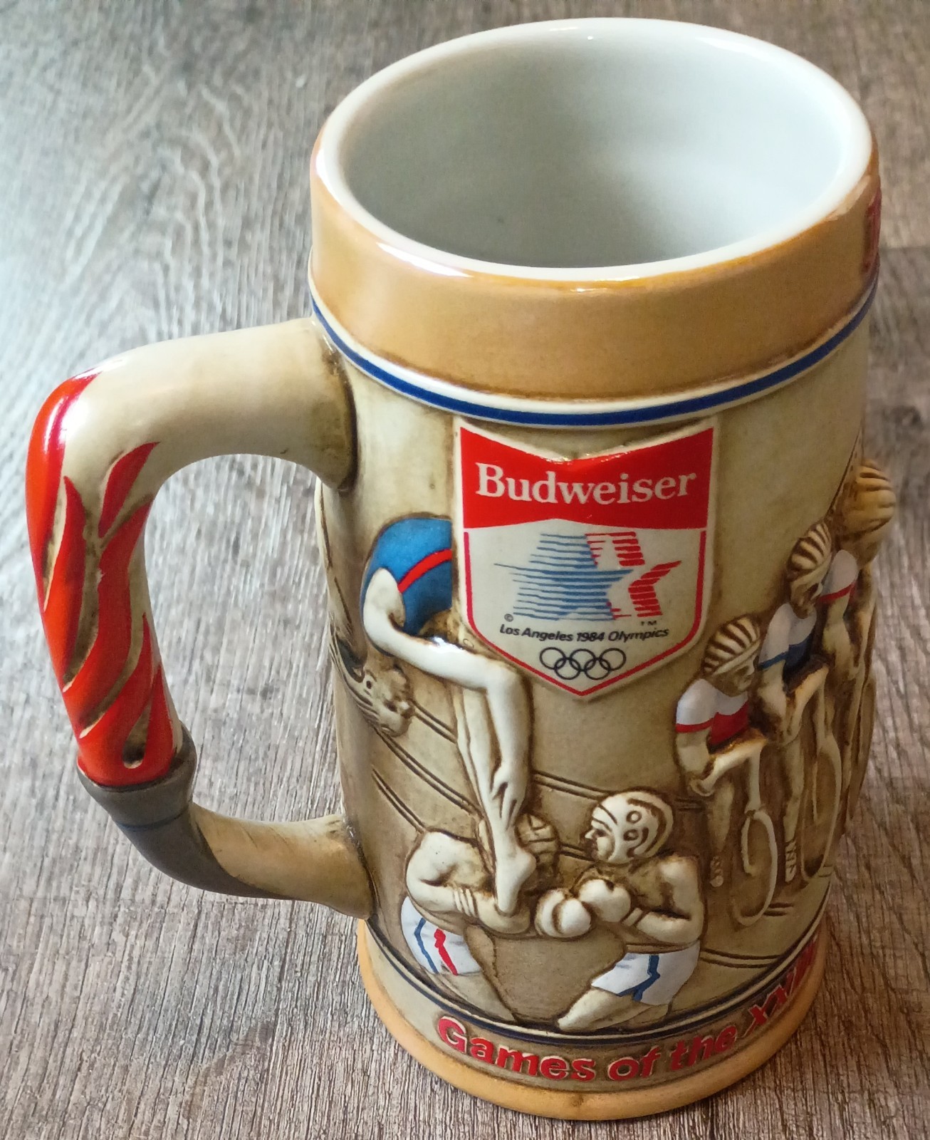 Vintage 1984 LA Olympics Budweiser Beer Stein Ceramic Torch Handle Mug
