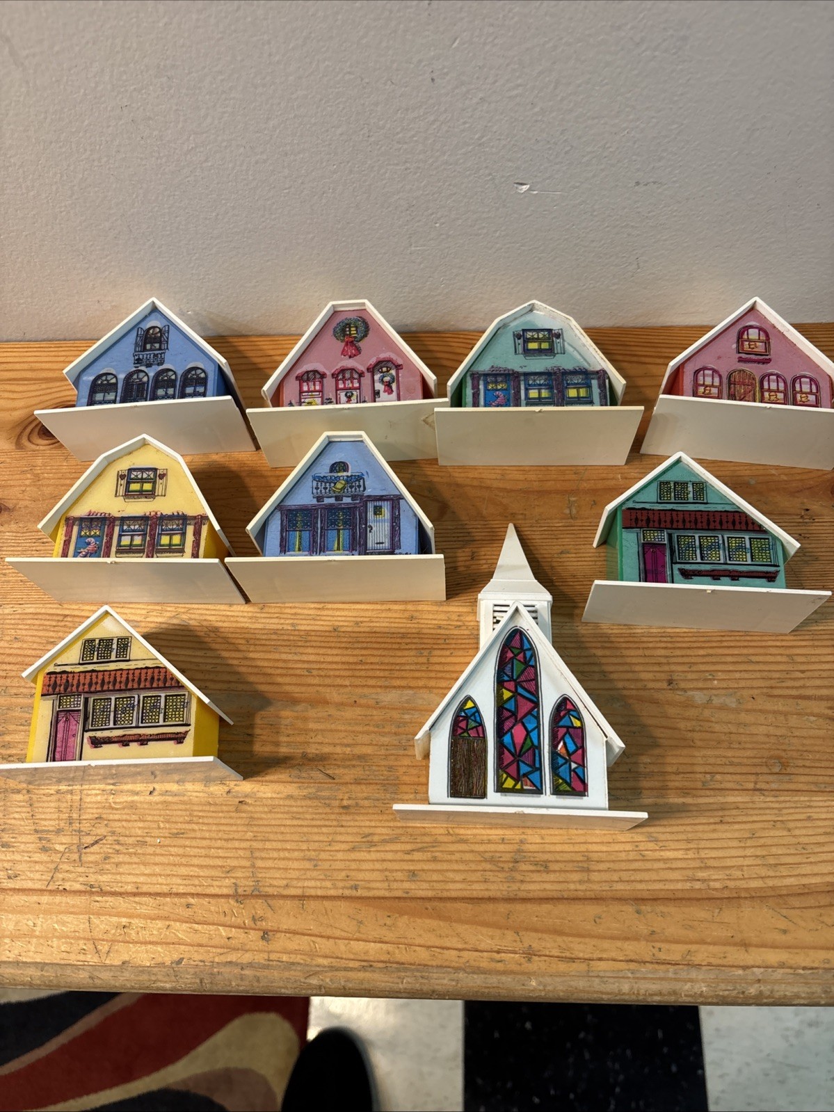 Vintage Christmas Alpine Village Plastic Putz Houses Set Of 9 