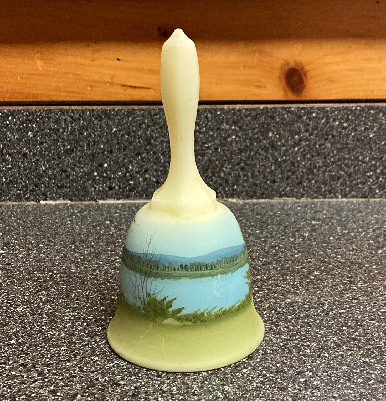 Hand-Painted Glass Bell with Handle, Scenic Landscape Pattern, Blue Green White
