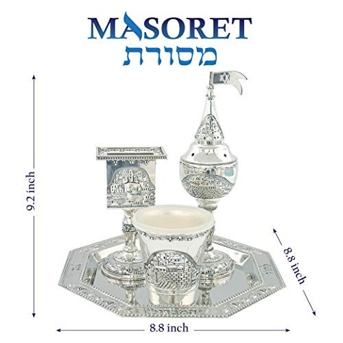 Jerusalem-Themed Nickel Havdalah Set - 4-Piece Kiddush Cup, Candle Holder & Plat