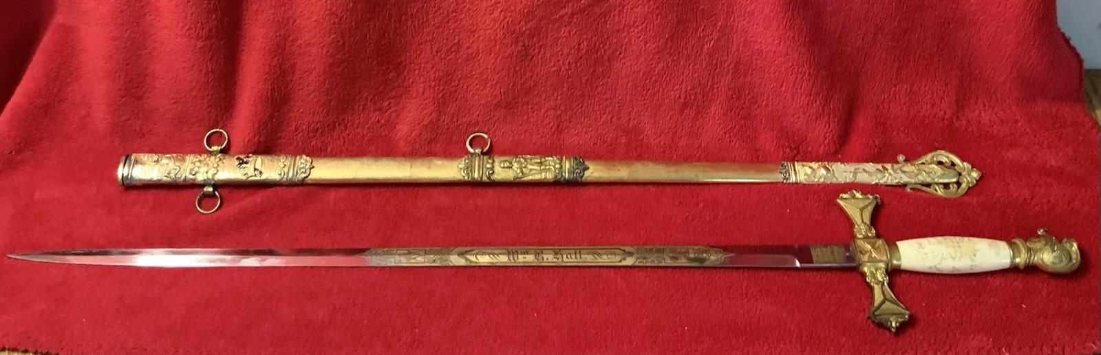 Antique MC Lilley & Co Knights Templar Sword & Scabbard Named Ornate Enameled