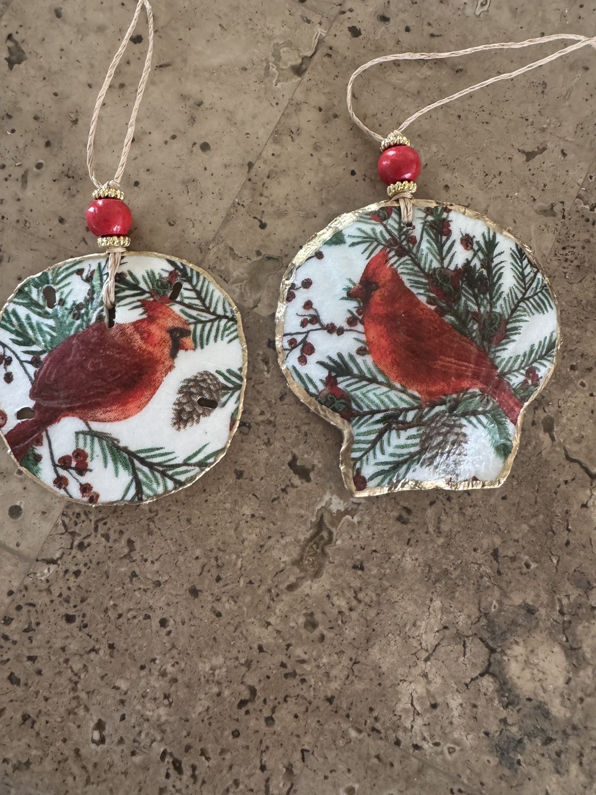 Decoupaged set of two shell/sand dollar Ornaments with RED CARDINALS Decoupaged set of two shell/sand dollar Ornaments with RED CARDINALS