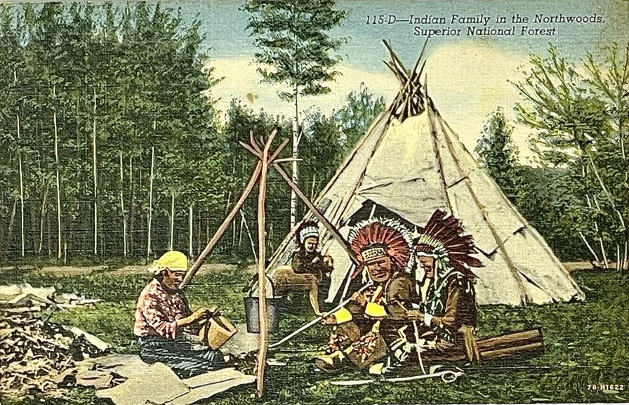 Indian Family in the Northwoods Superior National Forest 1940s Postcard