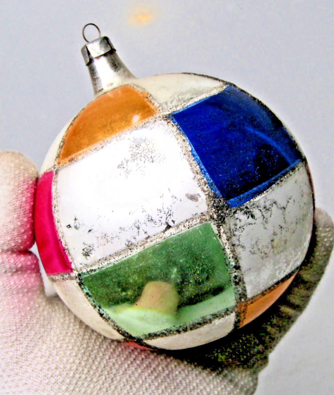 Vintage Glass HARLEQUIN Pictured Glittered Large BALL Christmas Ornament Poland