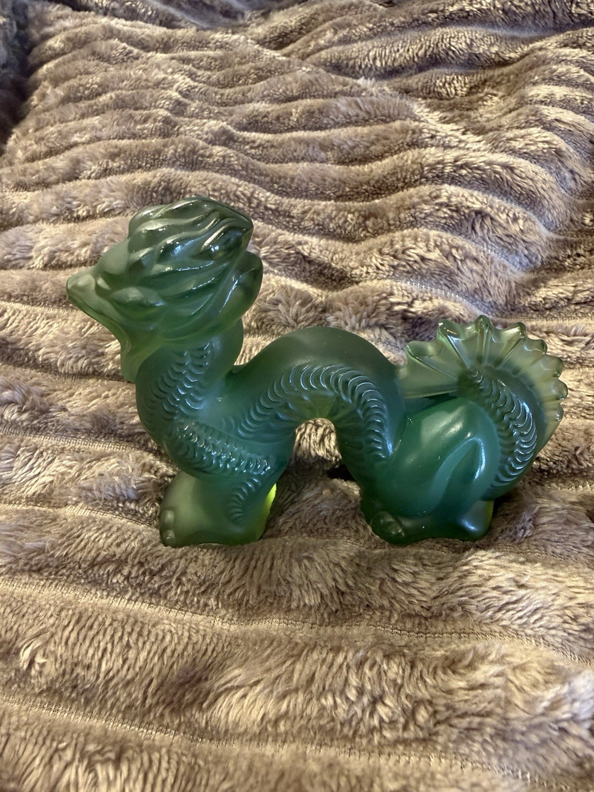 Lalique France Green Frosted Crystal Dragon Serpent Figurine Signed Rare