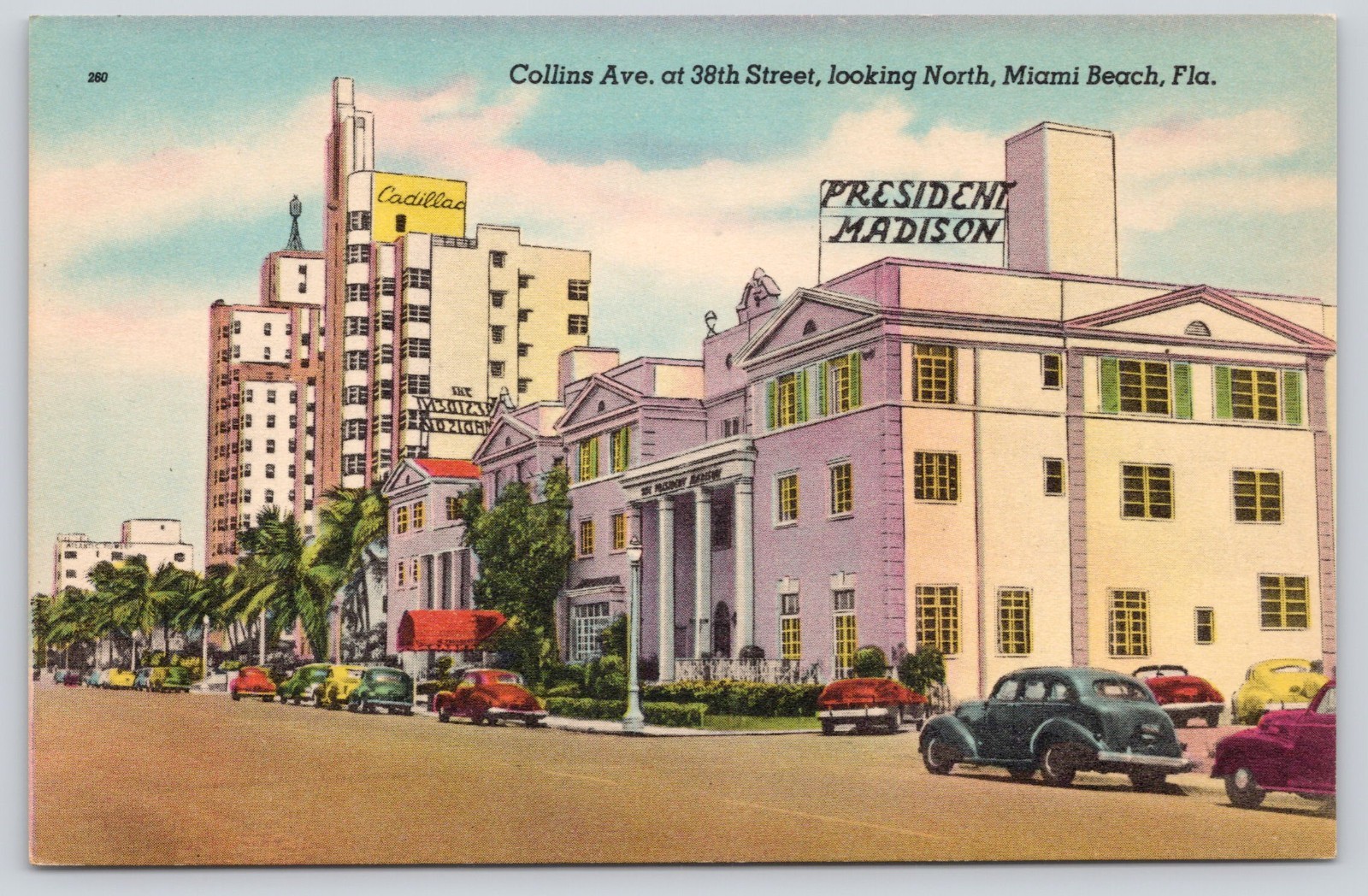 Collins Ave at 38th St, Miami Beach FL Florida Postcard, President Madison Hotel