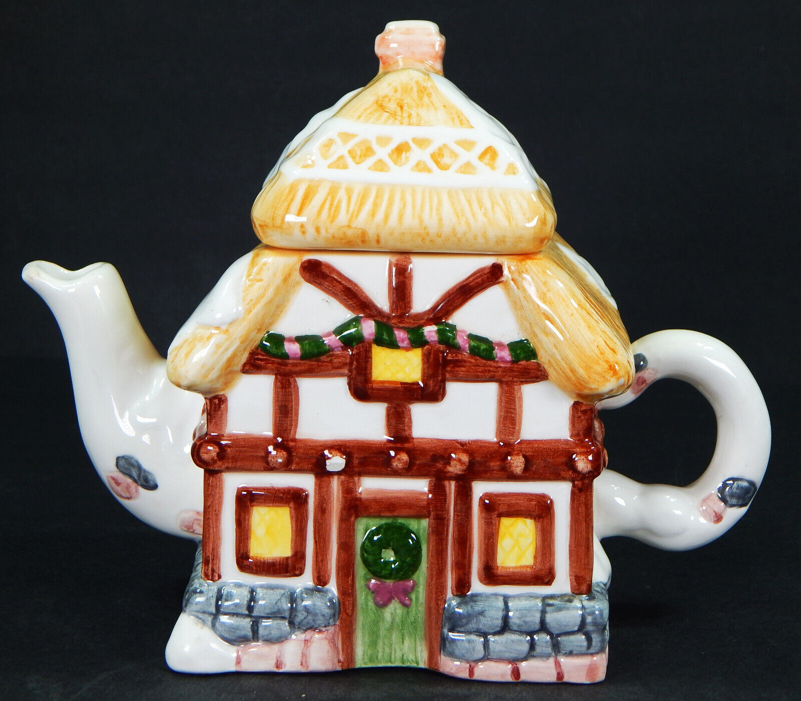 VTG 1994 ANNIE ROWE COUNTRY COTTAGE HOUSE CERAMIC TEAPOT HAND PAINTED CHRISTMAS
