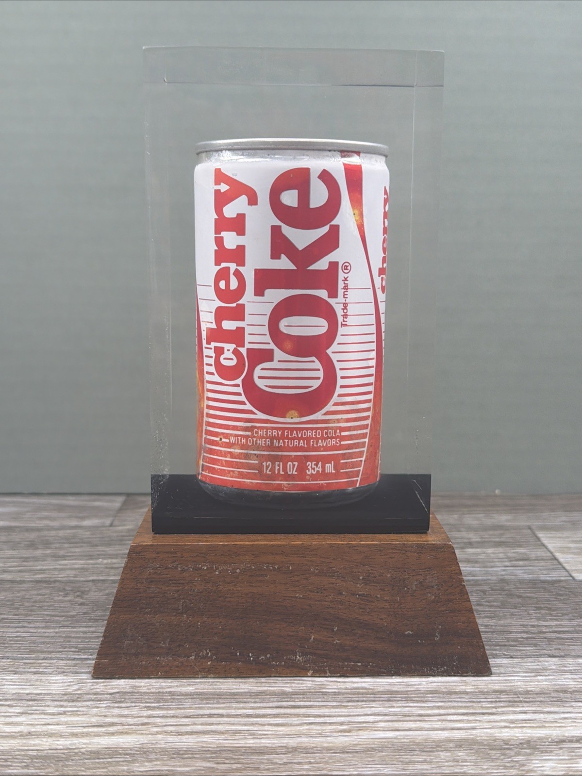 COCA COLA Cherry Cola IN LUCITE PAPERWEIGHT Wooden Base Rare HTF