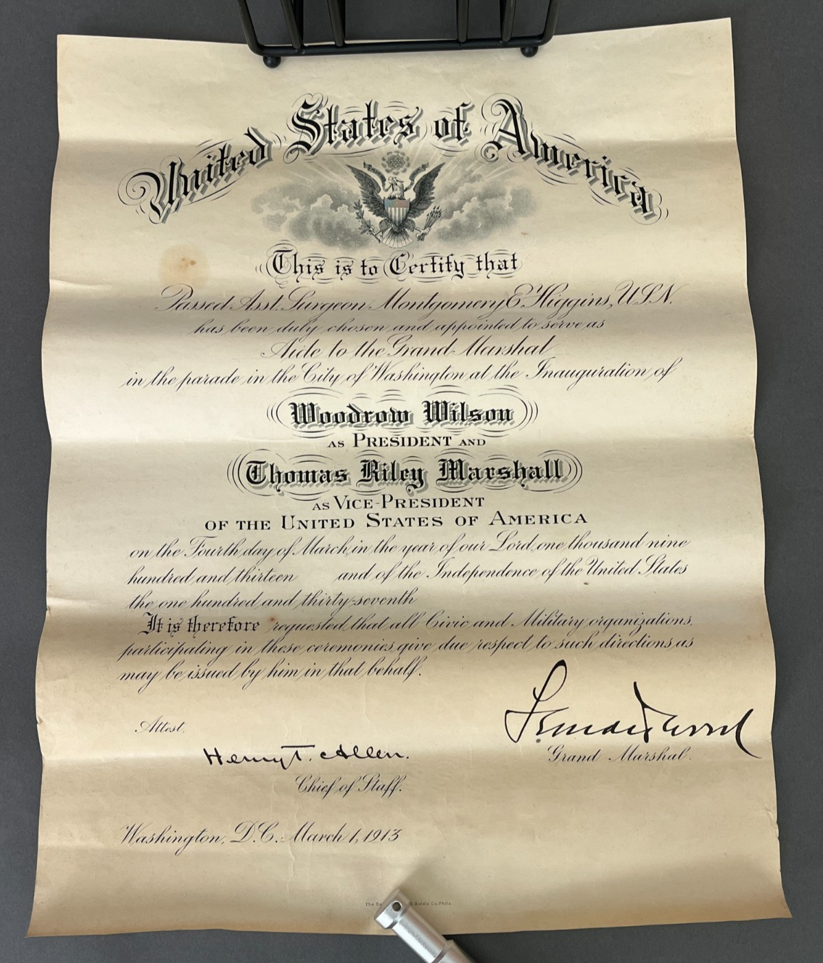 RARE 1913 WOODROW WILSON INAUGURATION DOCUMENT SIGNED- MARSHAL LEONARD WOOD MOH