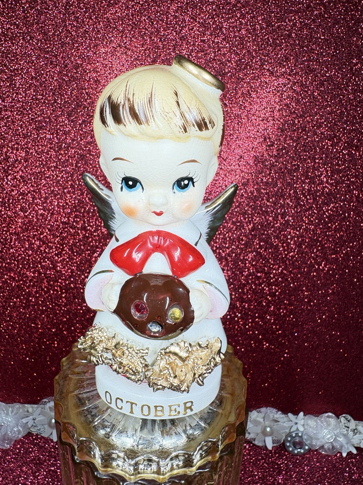Vtg October Kewpie Angel Girl W Jack O Lantern Rhinestones Figurine G Japan