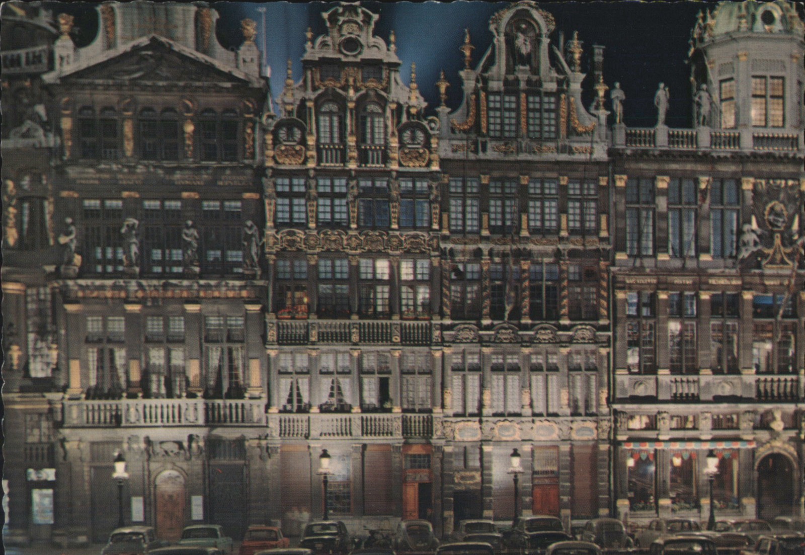 Brussels, Belgium Grand\'Place Guild Houses by Night Original Vintage Postcard