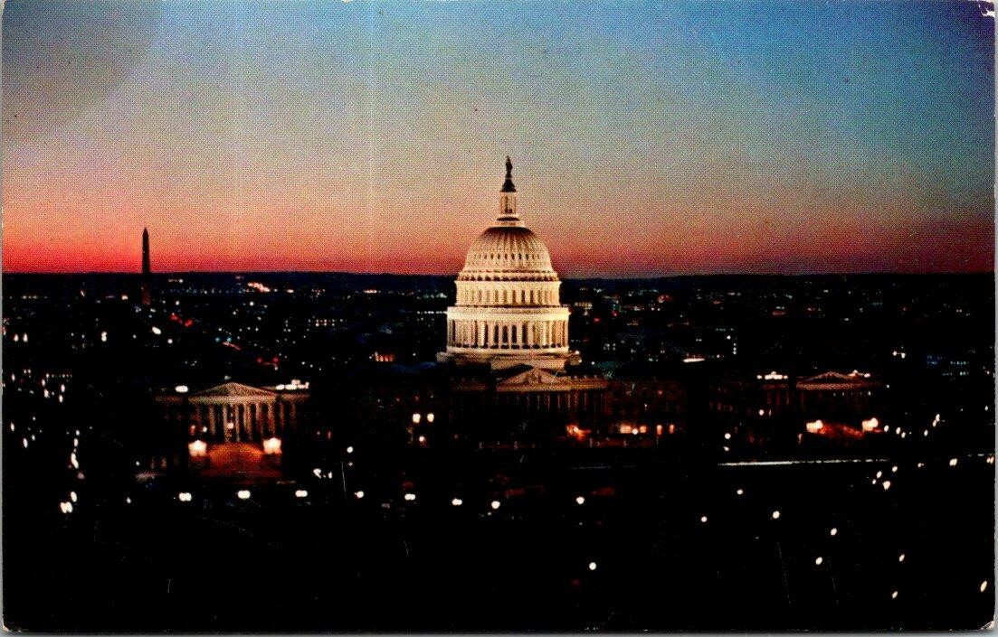 Vtg Capitol At Night Washington Monument Sunset Postcard Washington DC