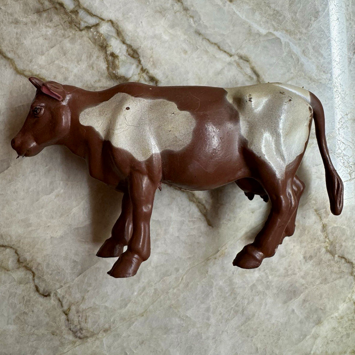 Vintage Brown & White Cow Figurine - Plastic Animal Figure