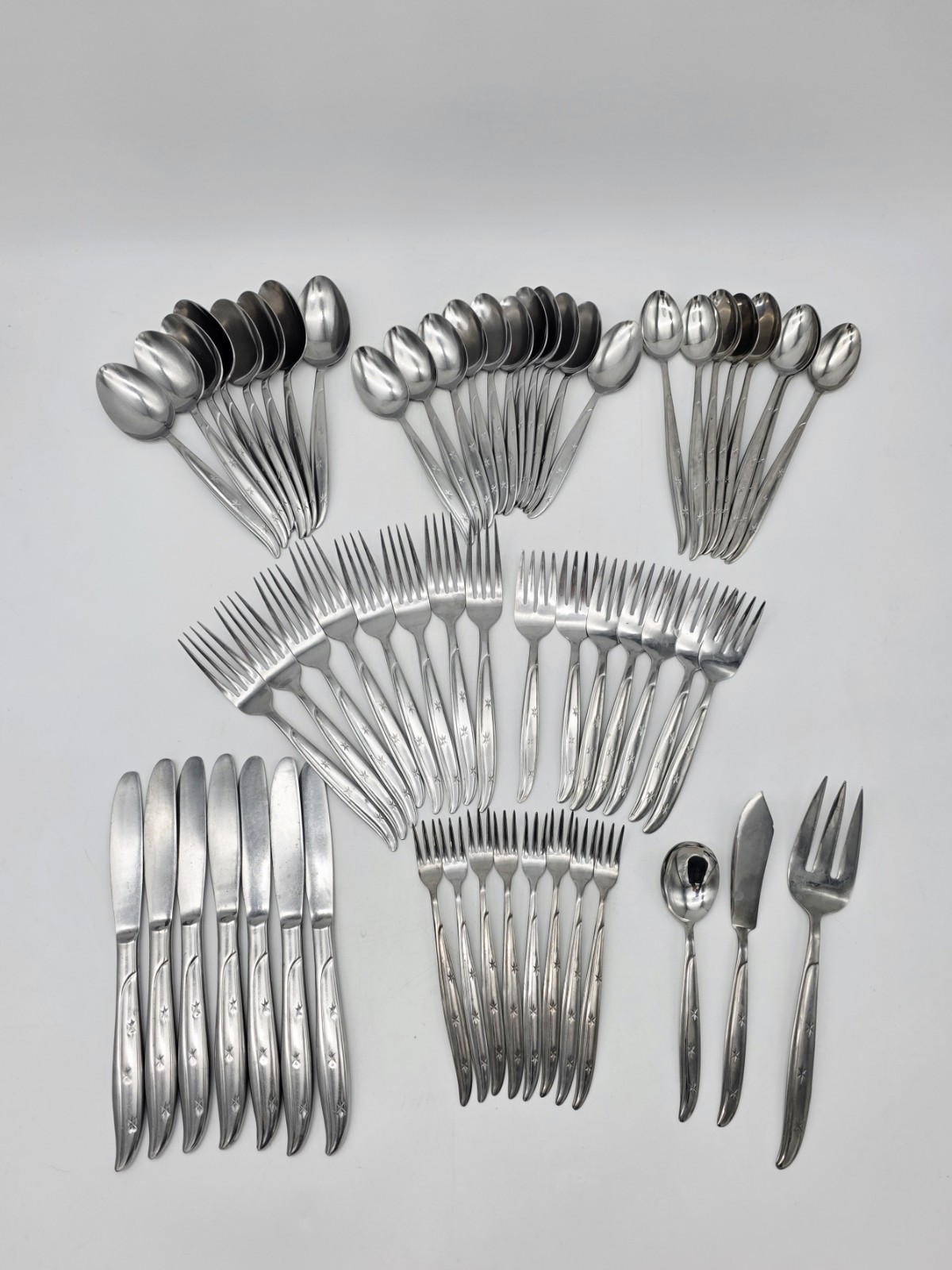 60 pcs MCM Atomic Starburst Stainless Steel Flatware Japan Knives Forks Spoons