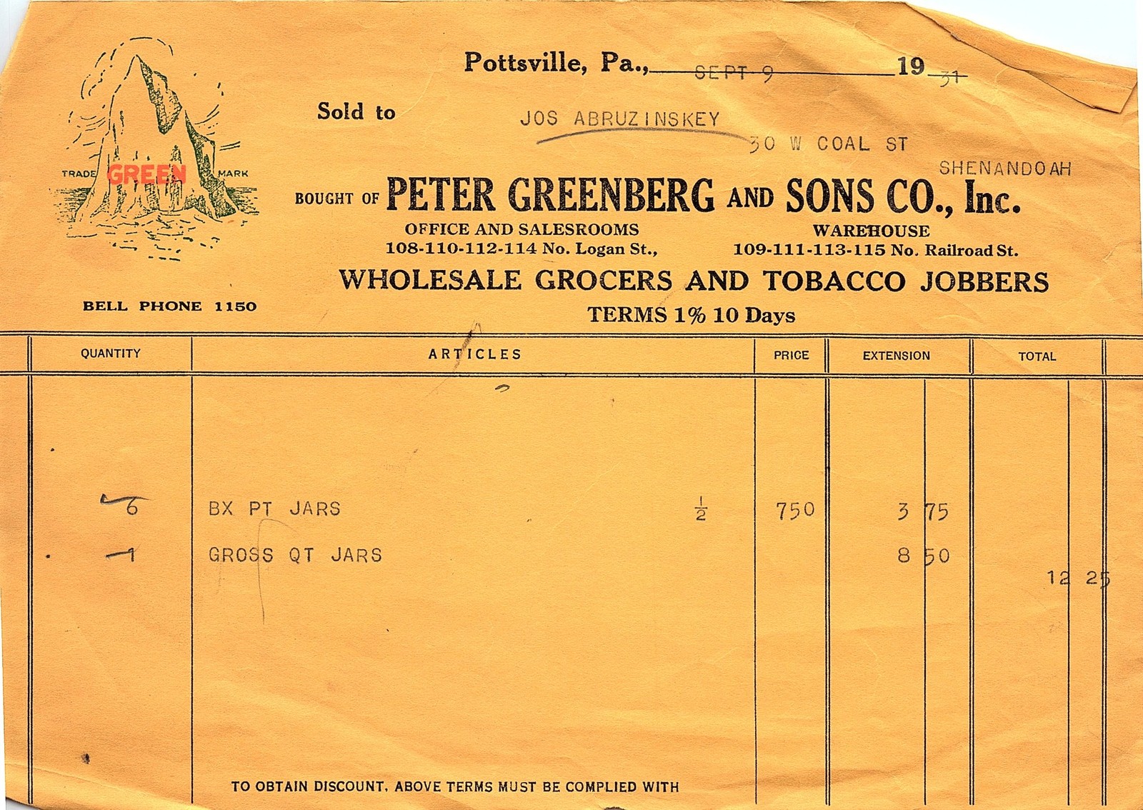 1931 Pottsville PA Grocer Billhead - Peter Greenberg & Sons