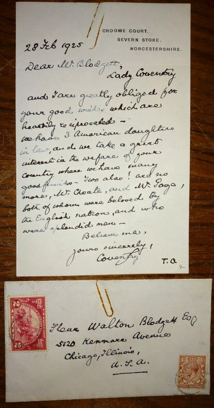 Lord George Coventry, 9th Earl (1838-1930) & Lady Blanche Coventry Signed Letter