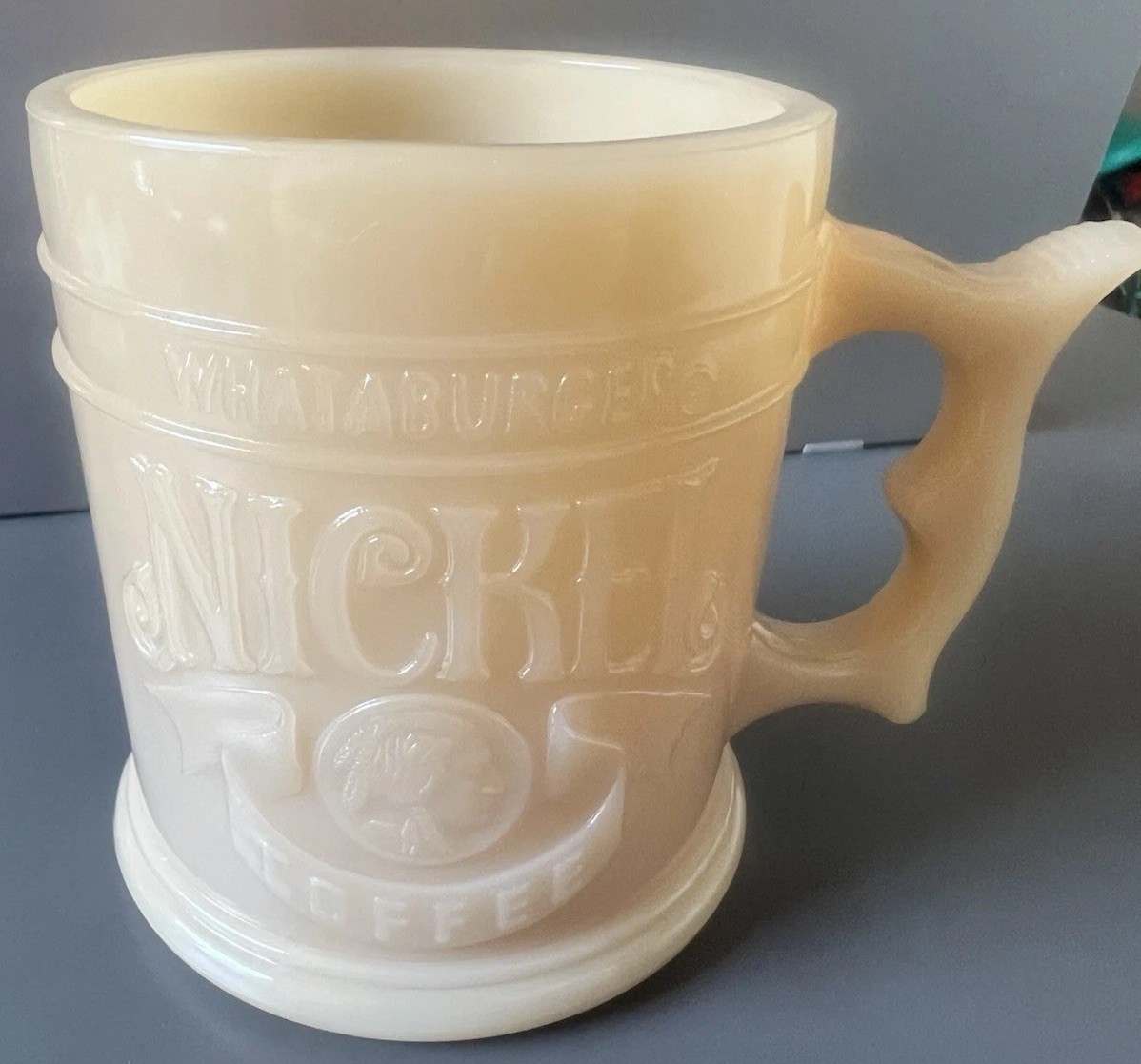 Vintage Whataburger Buffalo Nickel Coffee Mug Butterscotch Milk Glass