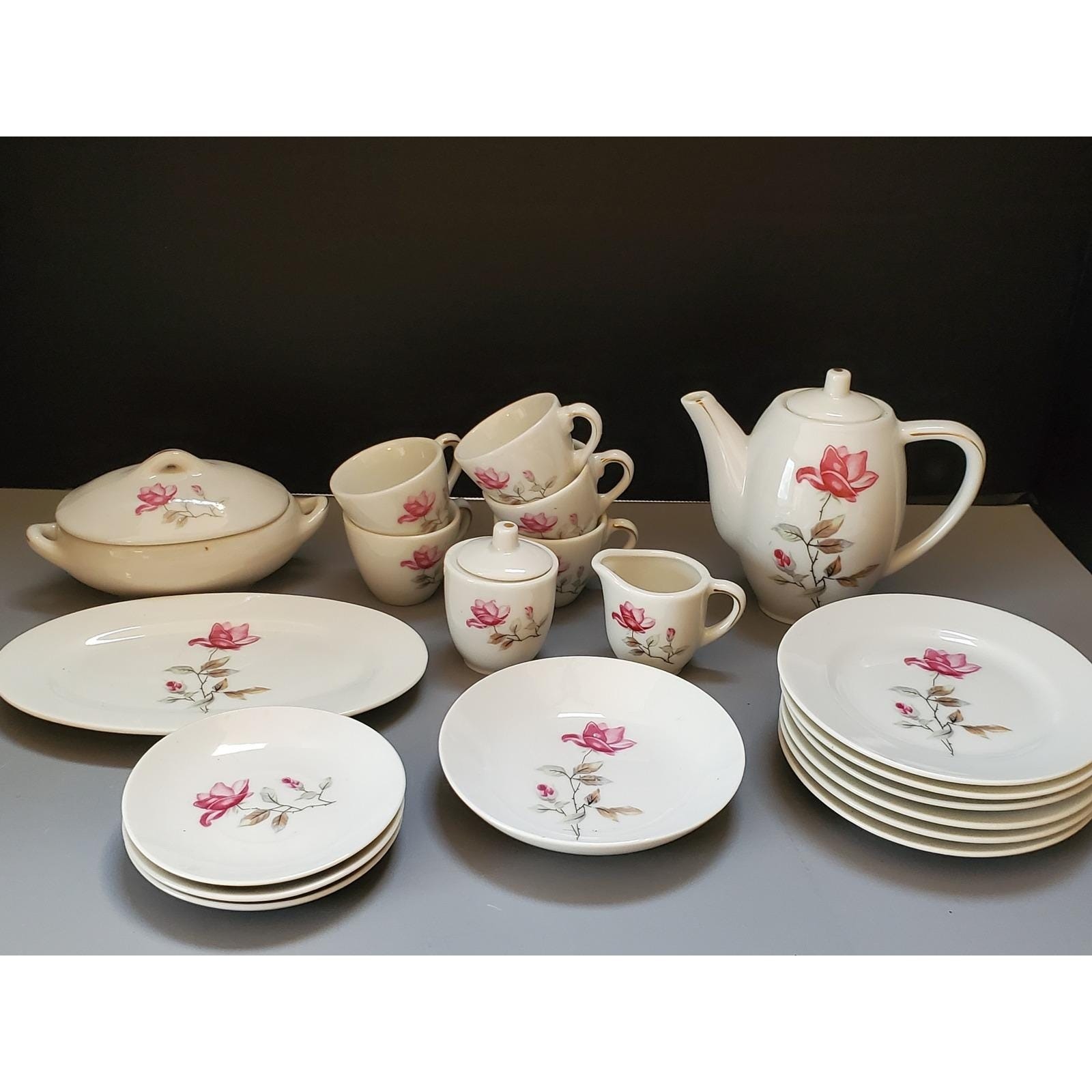 Vintage Floral Child\'s China Tea Set, Teapot, Cups, Plates, Serving Pieces