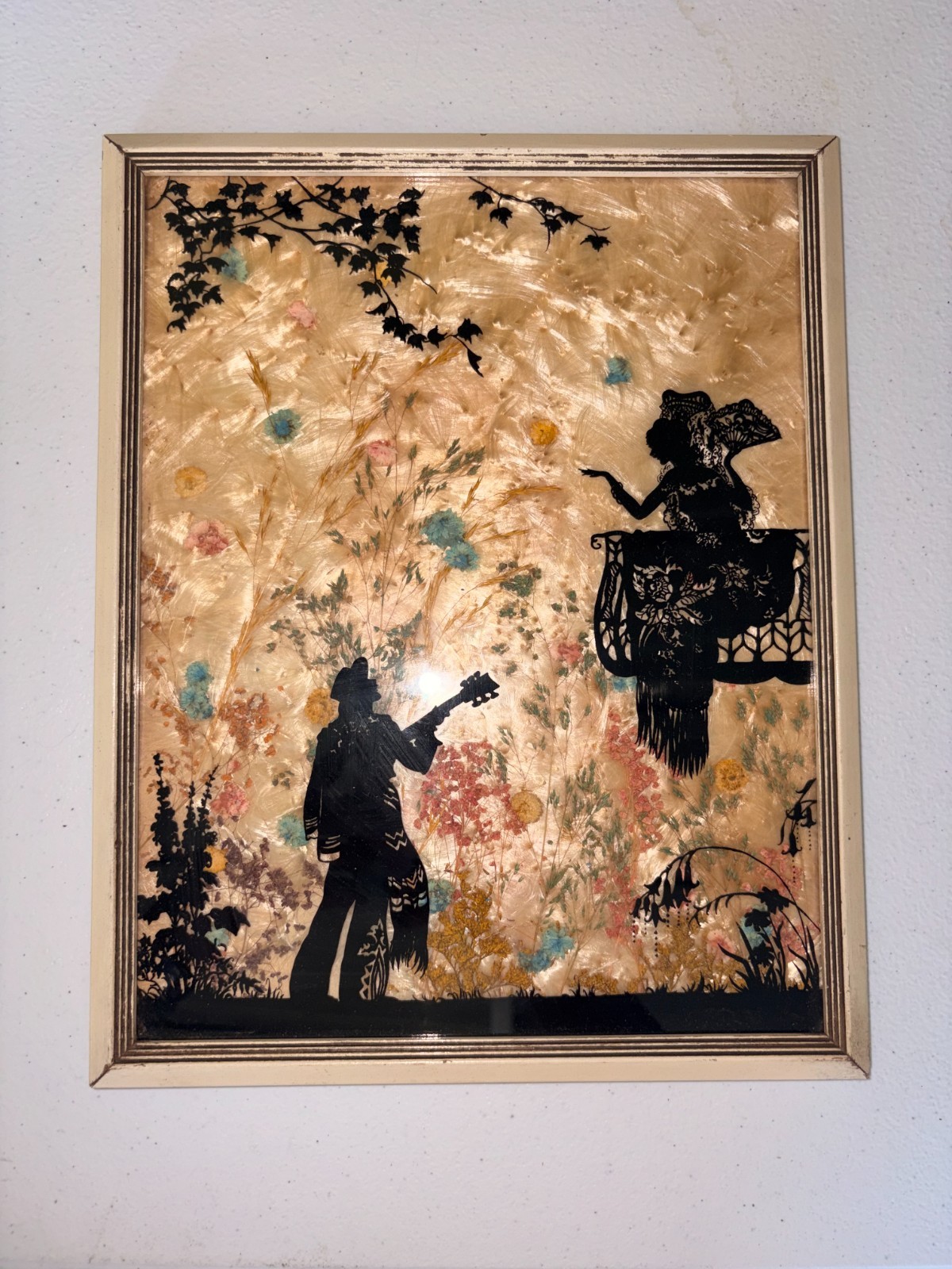 Vintage Glass Milkweed/ Wildflower Framed Silhouette- Man Playing Guitar