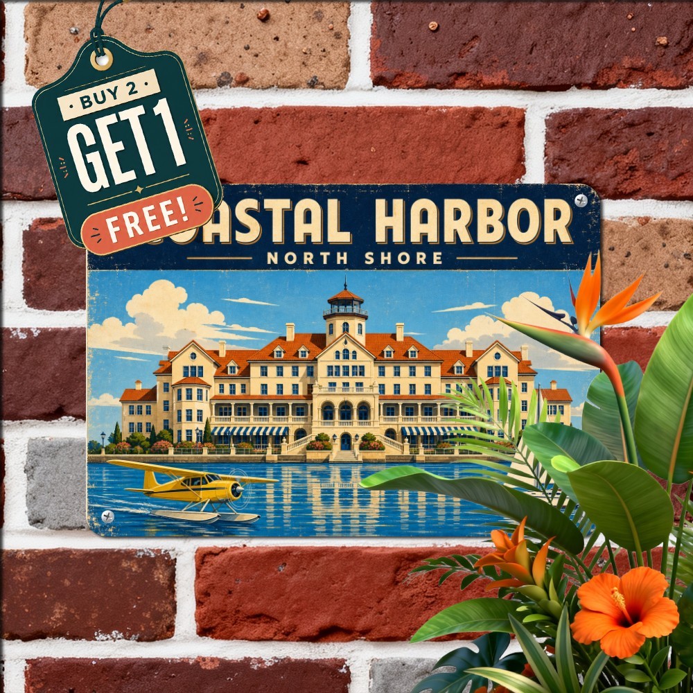Grand Harbor Hotel Seaside Waterfront Sign Vintage Tourism Metal Tin Plaque
