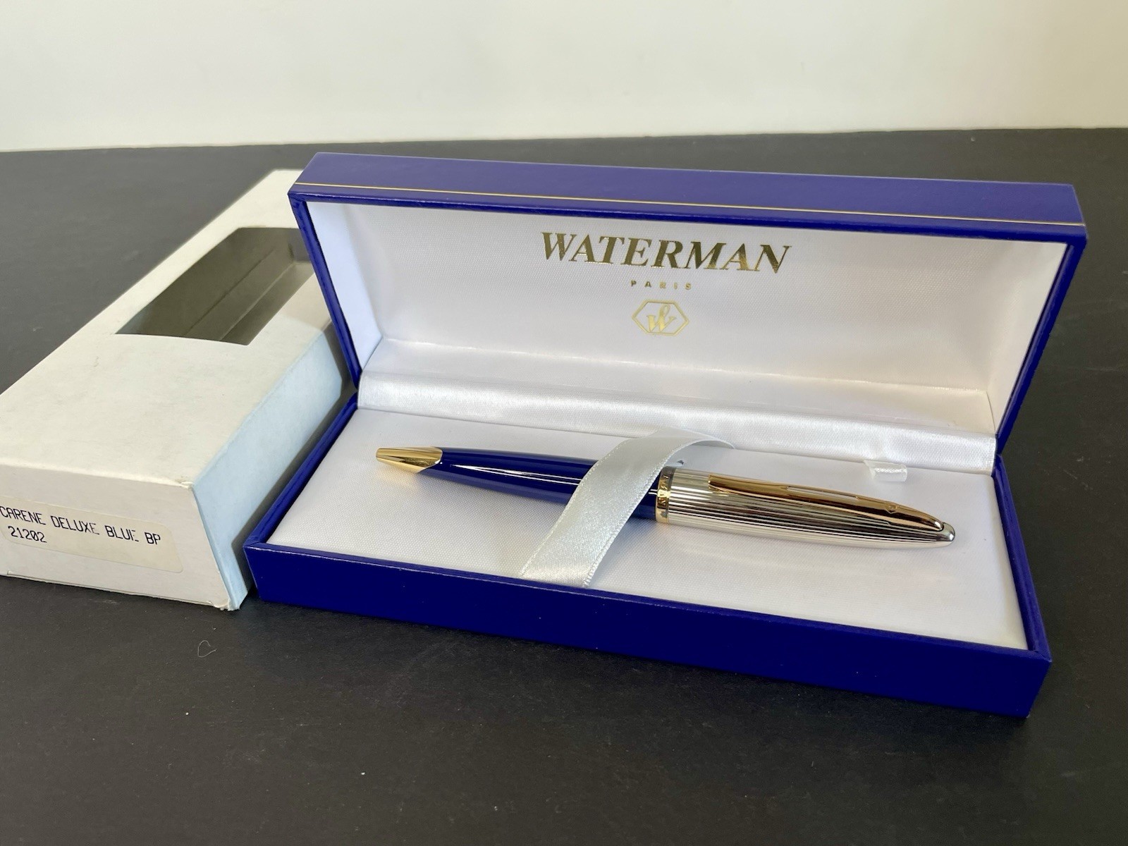 NIB Waterman Carene Deluxe Ball Pen Blue Laquuer/Silver w Gold Trim BP 21202 NIB Waterman Carene Deluxe Ball Pen Blue Laquuer/Silver w Gold Trim BP 21202