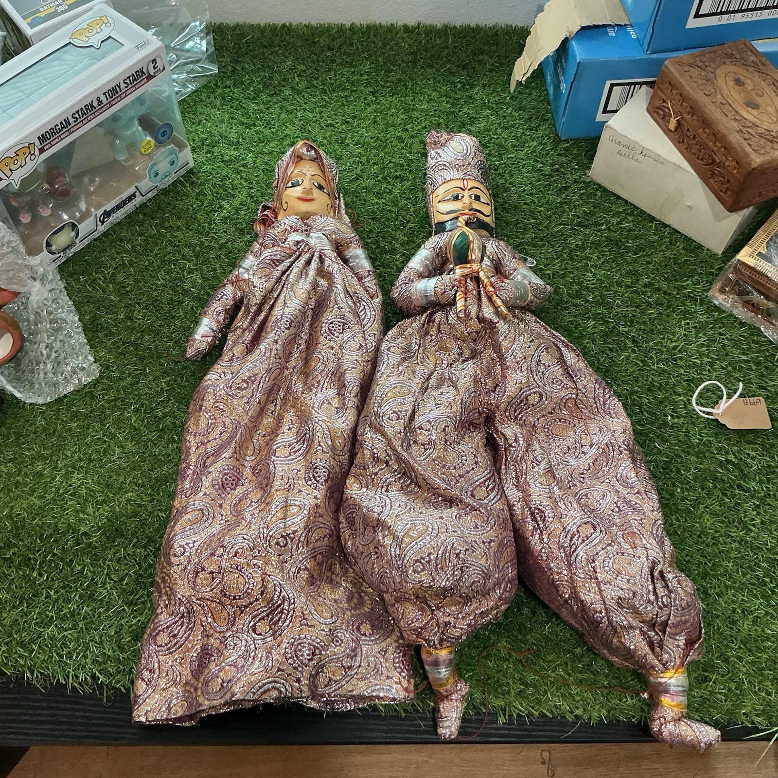 Rajasthani Kathputli Puppet Dolls Pair 23” Indian Folk Art Metallic Paisley