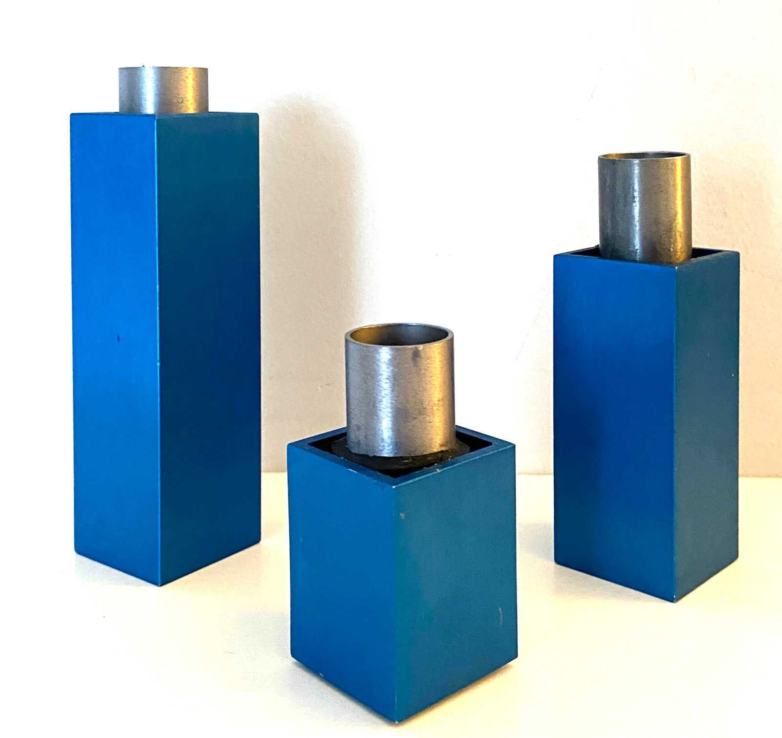 vintage David Tisdale anodized aluminum candle holder set, 1988, teal blue