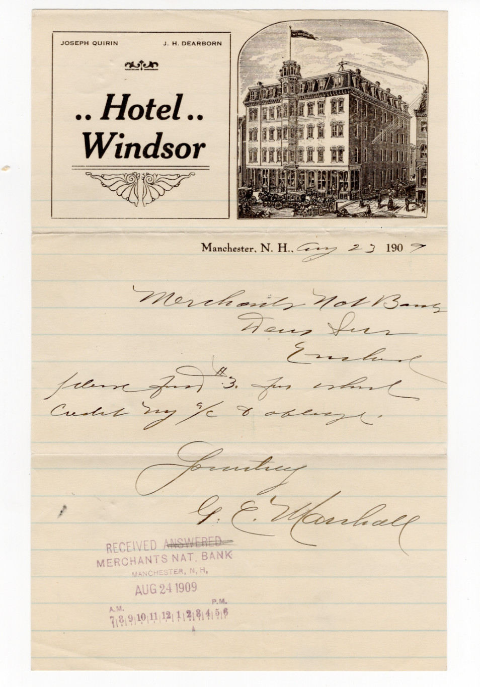 1909 Hotel Windsor Manchester NH Illustrated Letterhead Bank Clock Stamp Rare