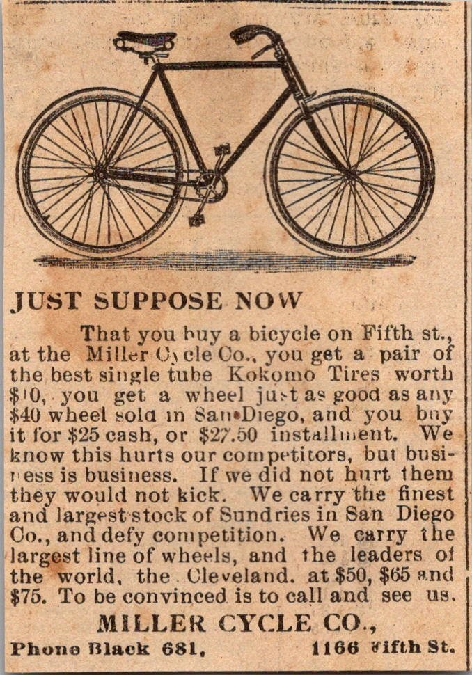 Miller Cycle Co. The Pair of Kokomo Tires 1896 San Diego Clipping TAJ9-S10