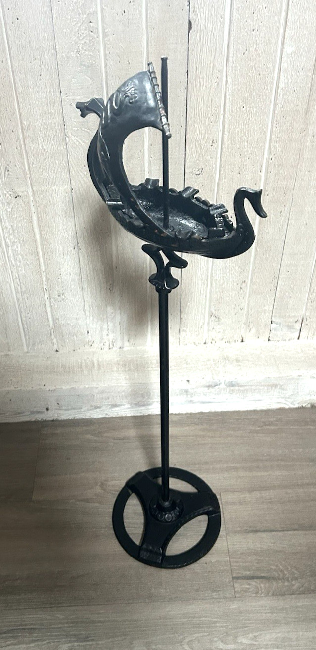 Vintage c. 1920s Cast Iron Viking Ship with Dragon Floor Ashray Stand