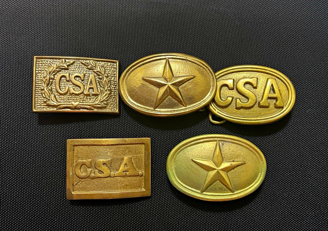 Lot of 5 Brass CSA Confederate Civil War Belt Buckles Mixed Oval & Rectangular