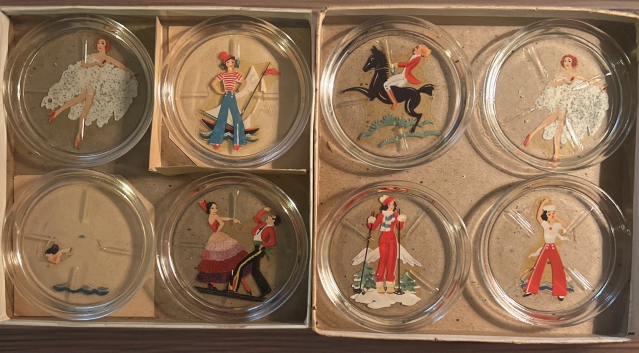 Vintage/Antique 8pc 1930\'s Reverse Painted GirlsGlass Coasters In Box.  **READ**