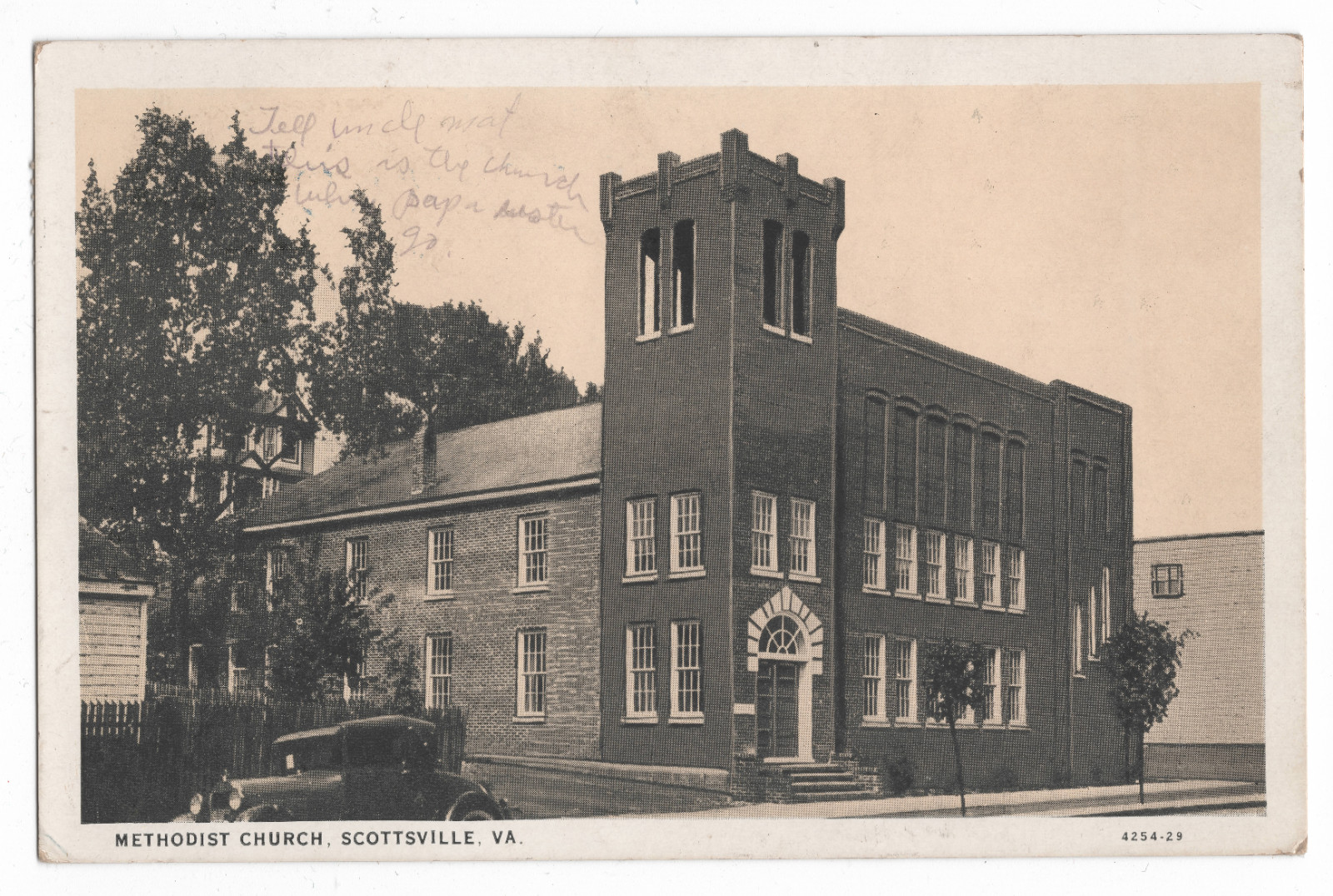 METHODIST CHURCH SCOTTSVILLE, VA ANTIQUE AUTOMOBILE STREET W.E. BURGESS POSTCARD