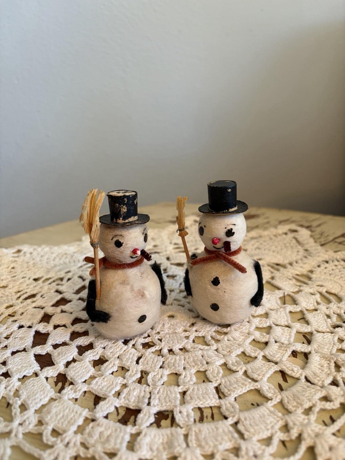 2 VTG Spun Cotton Snowman Family Putz Japan 3.25