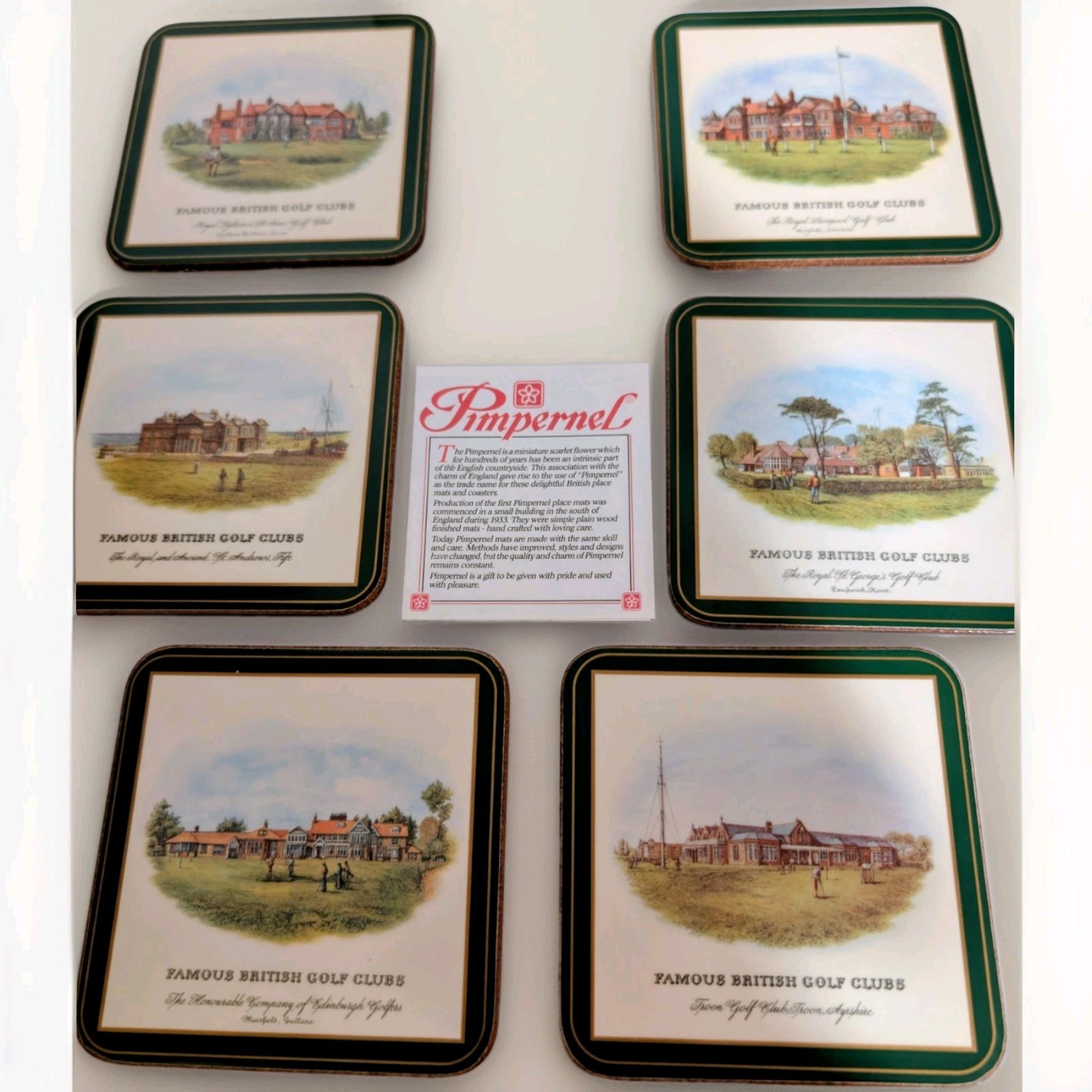 Vtg Original Famous British Golf Clubs Set of 6 Coasters Pimpernel Cork Backed