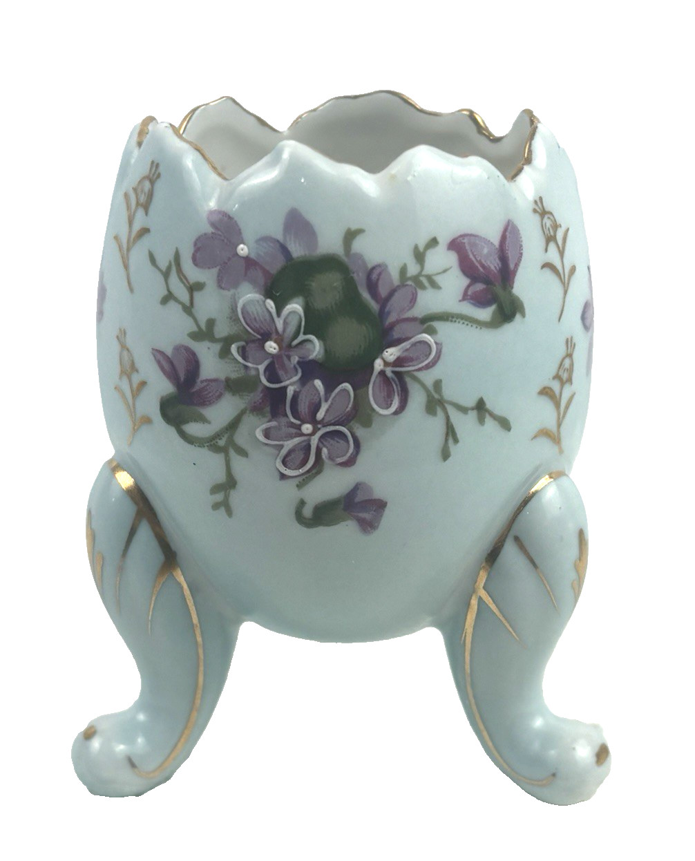 Vtg Porcelain Hand Painted Cracked Egg Footed Planter Vase Japan Violets