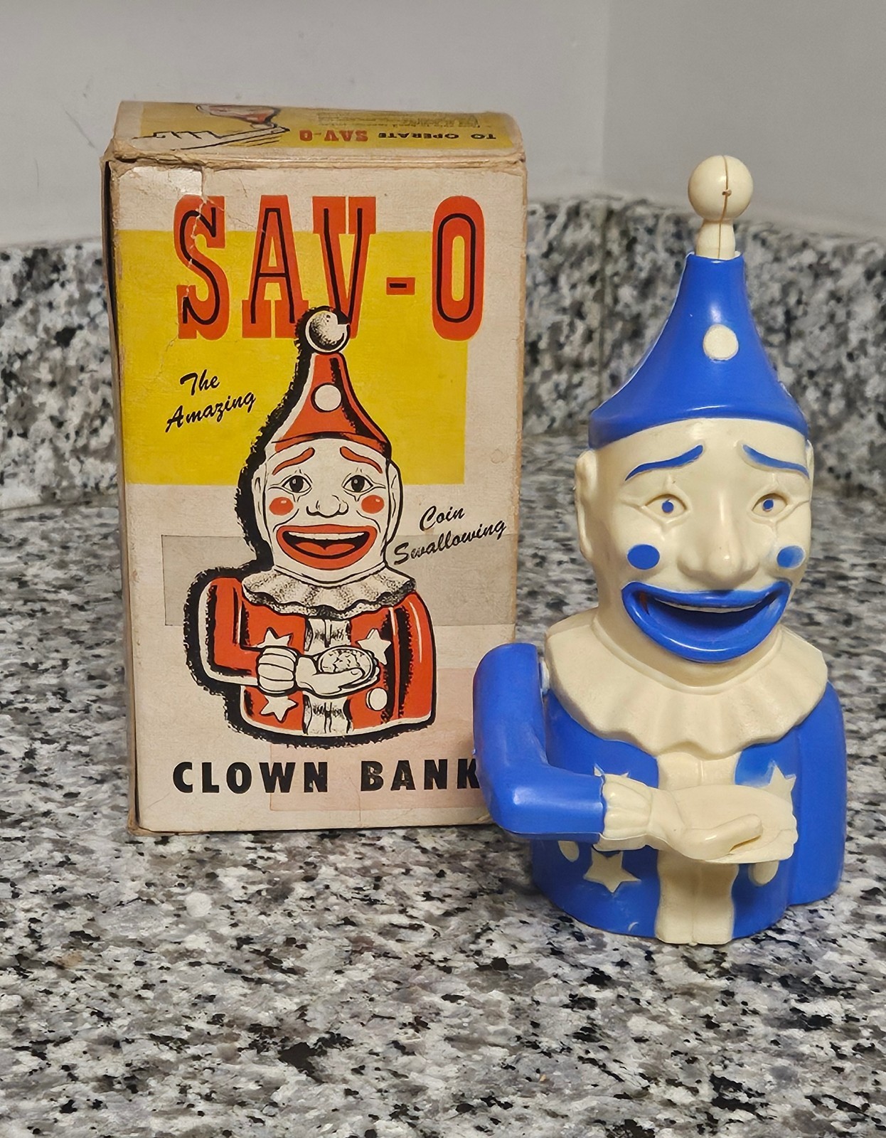 Vintage 1950s Banthrico SAV-O Clown Mechanical Action Coin Bank w/ Original Box