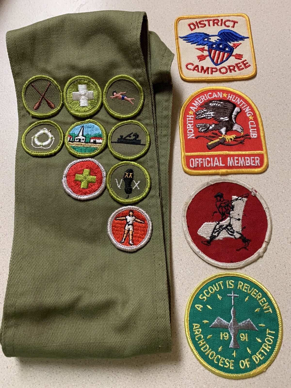 VTG Boy Scout Sash With 9 Patches & Archdiocese Detroit & District Camporee MORE