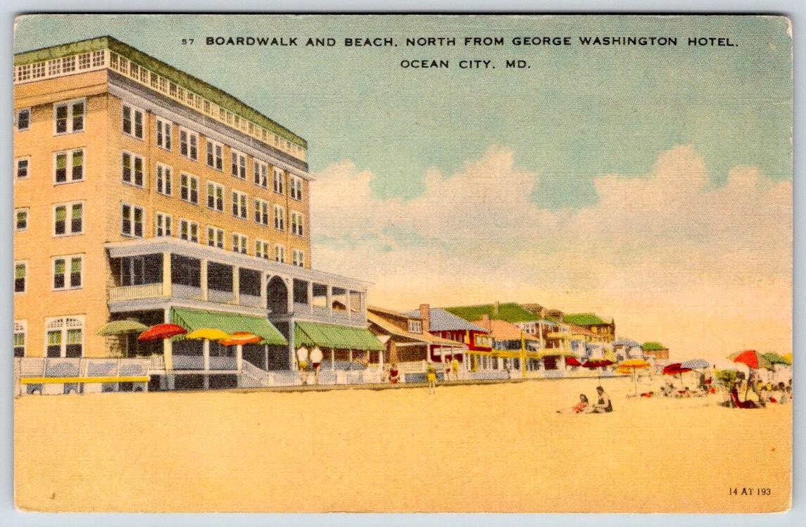 1930-50's BOARDWALK & BEACH from GEORGE WASHINGTON HOTEL OCEAN CITY MD POSTCARD