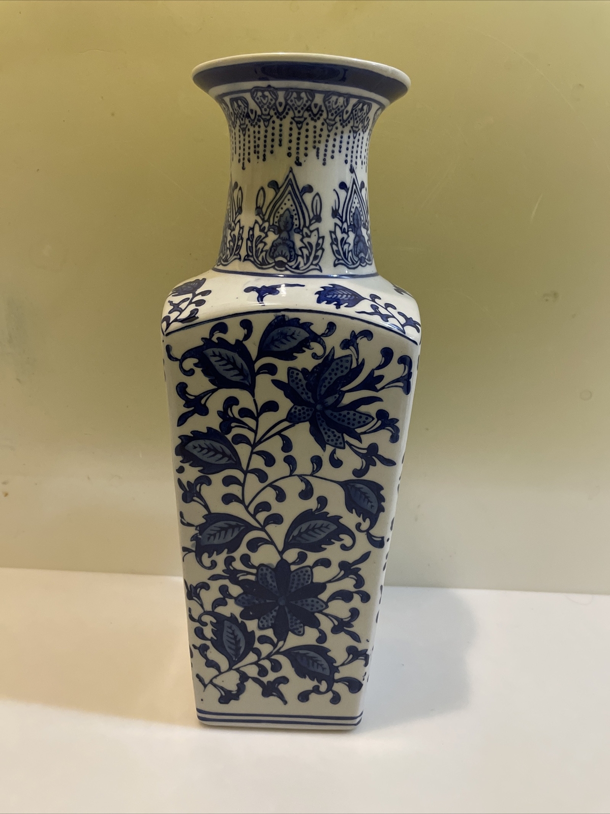 Rare-Vintage Blue and White Chinoiserie Vase 13” Tall-Square Base-beautiful