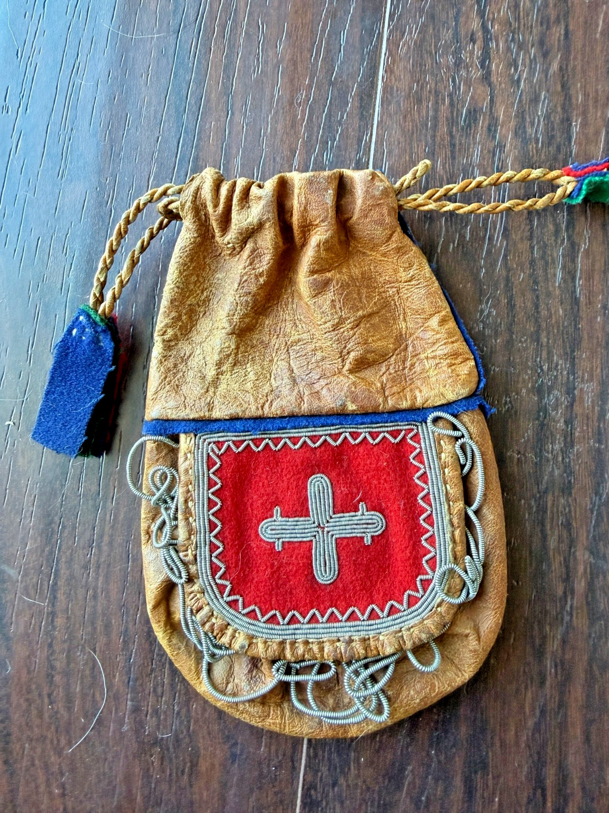 Vintage Sami Lapland Leather Pouch Pewter Wire Embroidery Heart Cross Sweden