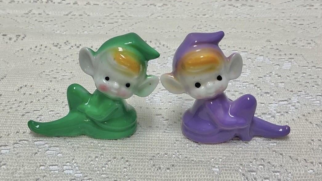 2 ~1950s Vintage Ceramic Porcelain Pixie Elf Elves Figurines Japan Purple &Green